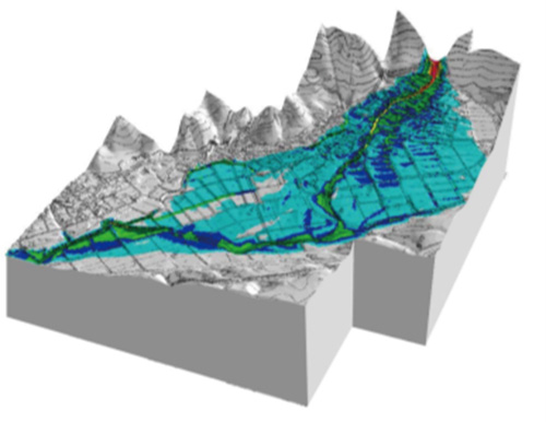 土石流氾濫シミュレーション計算結果の可視化事例
